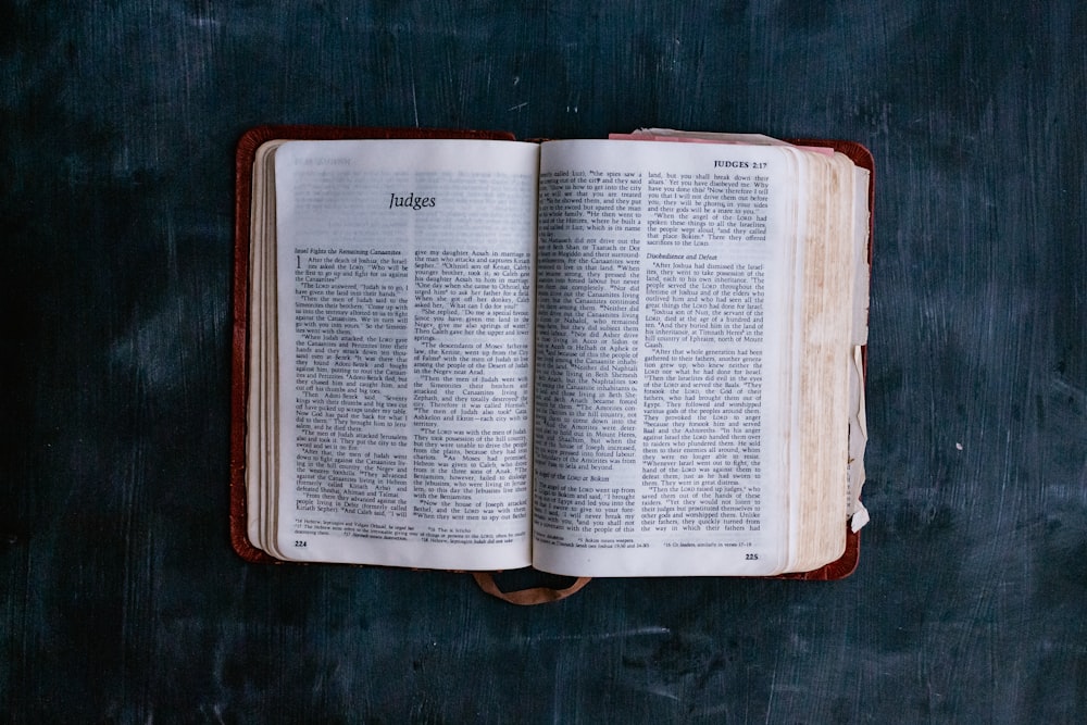 opened book on brown wooden table