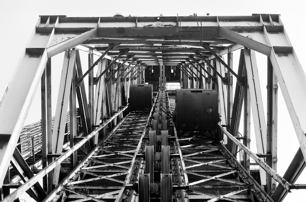 grayscale photo of a metal staircase