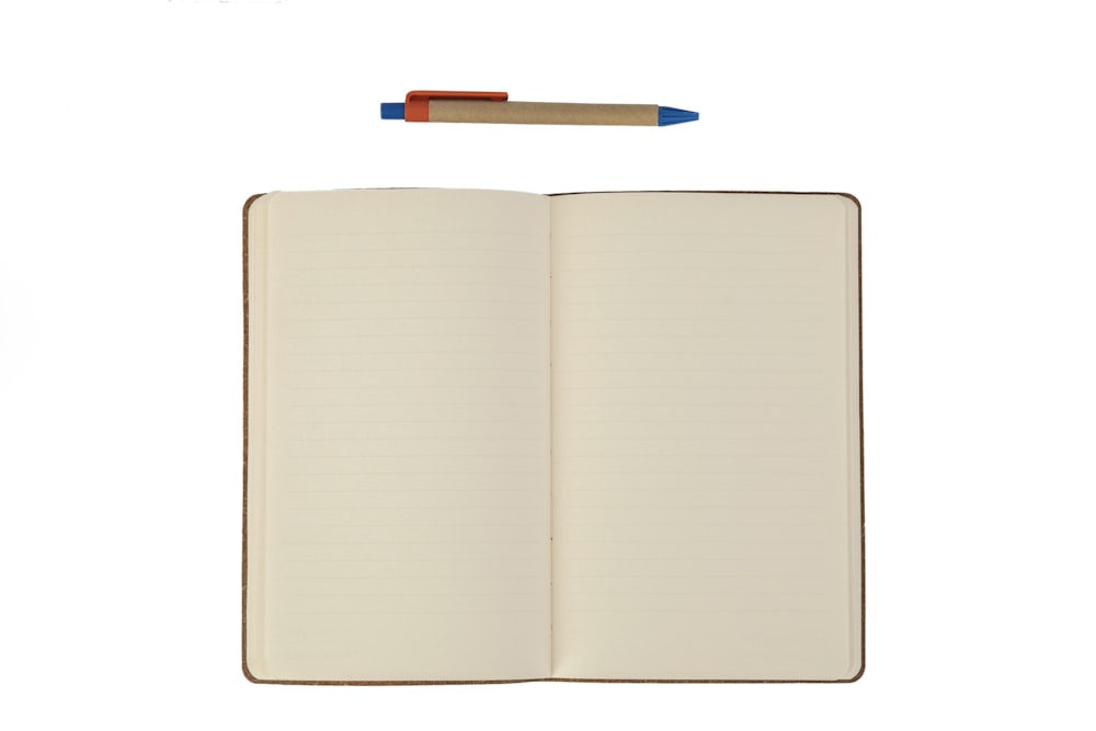 weißes Buch mit blauem Stift