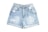 A pair of light blue distressed denim shorts with frayed details and rolled cuffs. The front has two pockets and a waistband with a metal button.