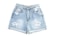 A pair of light blue distressed denim shorts with frayed details and rolled cuffs. The front has two pockets and a waistband with a metal button.