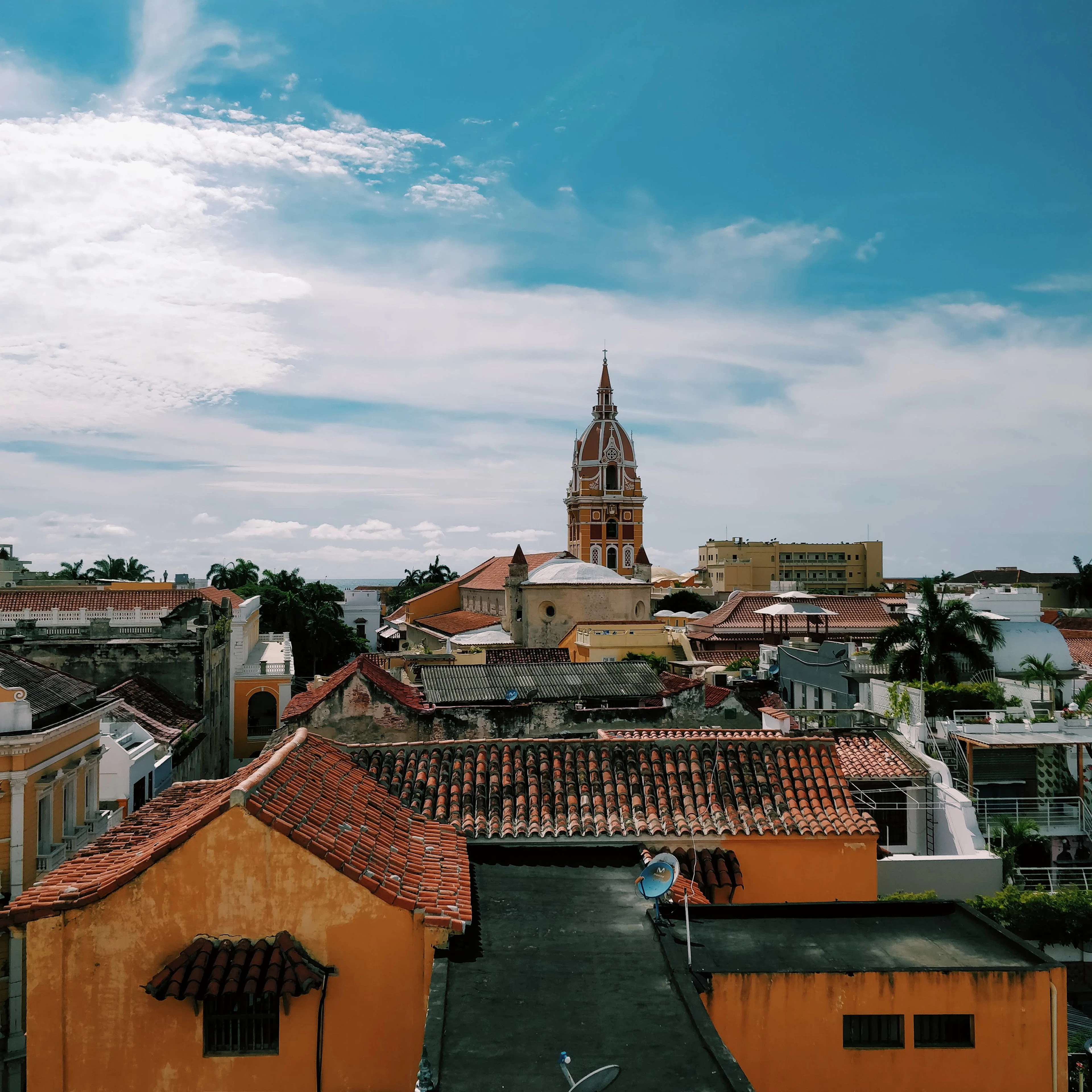 Terracotta rooftops of Cartagena's walled old town spread beneath the cathedral's bell tower.