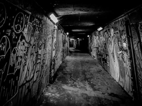 A dark, narrow underground tunnel is lined with walls covered in graffiti art. Dim fluorescent lights provide minimal illumination, adding to the gritty and urban atmosphere.