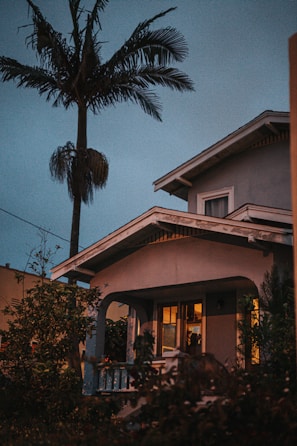 A quaint residential house with a warm glow coming from the windows. The structure has a traditional porch, surrounded by lush greenery. A tall palm tree towers beside the house, set against a dusky sky.