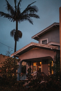 A quaint residential house with a warm glow coming from the windows. The structure has a traditional porch, surrounded by lush greenery. A tall palm tree towers beside the house, set against a dusky sky.