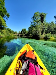 yellow kayak on green lake surrounded by green trees during daytime