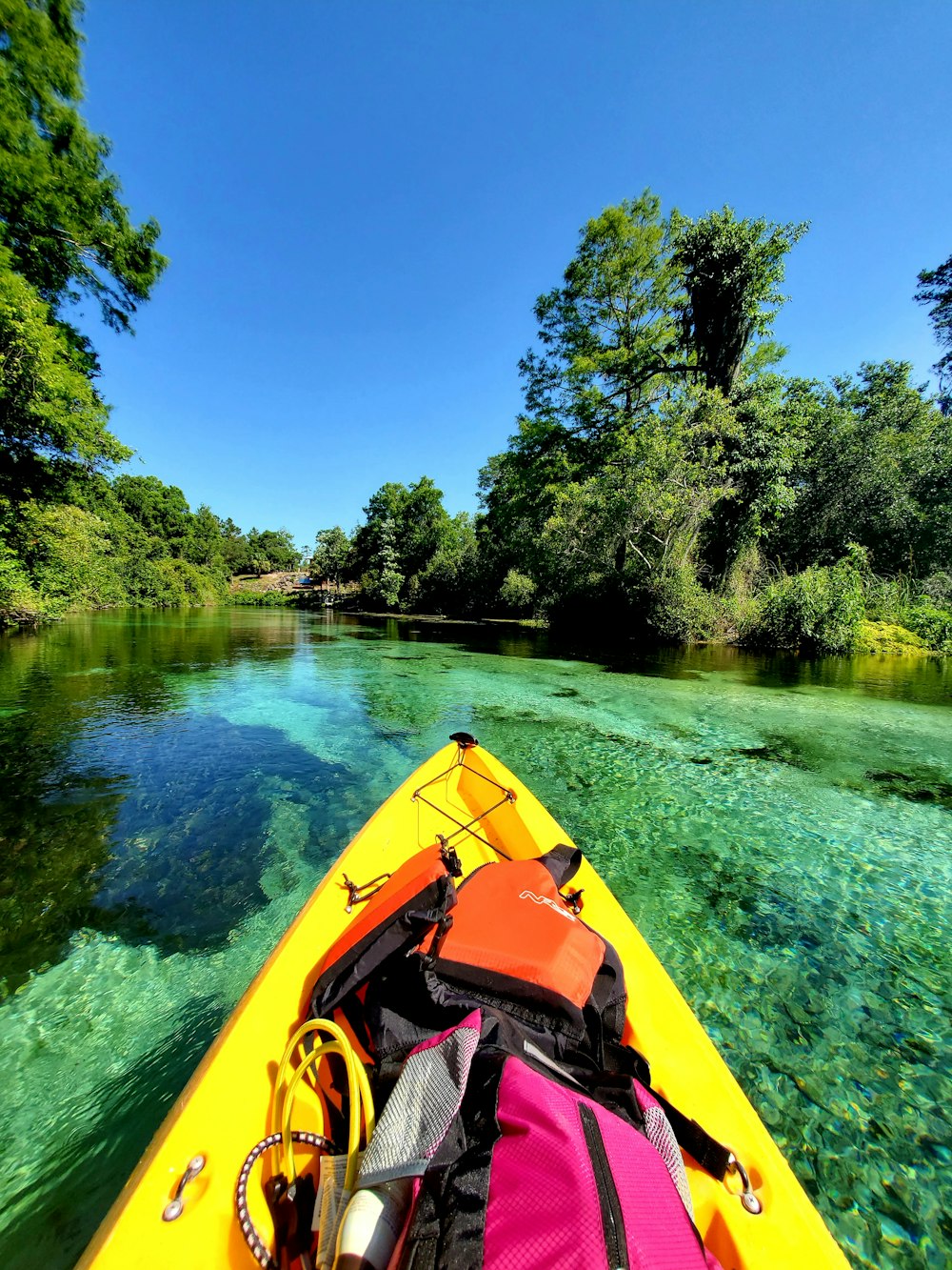 yellow kayak on green lake surrounded by green trees during daytime