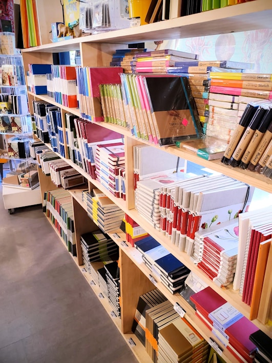 A well-organized store shelf filled with an array of colorful notebooks, sketch pads, and journals. The shelves are neatly arranged with items of varying sizes and colors, including blue, red, green, and black. Prominent labels and brand names can be seen on the spines and covers of the notebooks, adding a sense of variety and vibrancy.