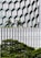 The image features a modern building facade with a geometric pattern consisting of hexagonal windows on the upper section and rectangular panels on the lower section. There are several palm trees on a terrace area halfway up the building, and lush green trees are visible in the foreground.