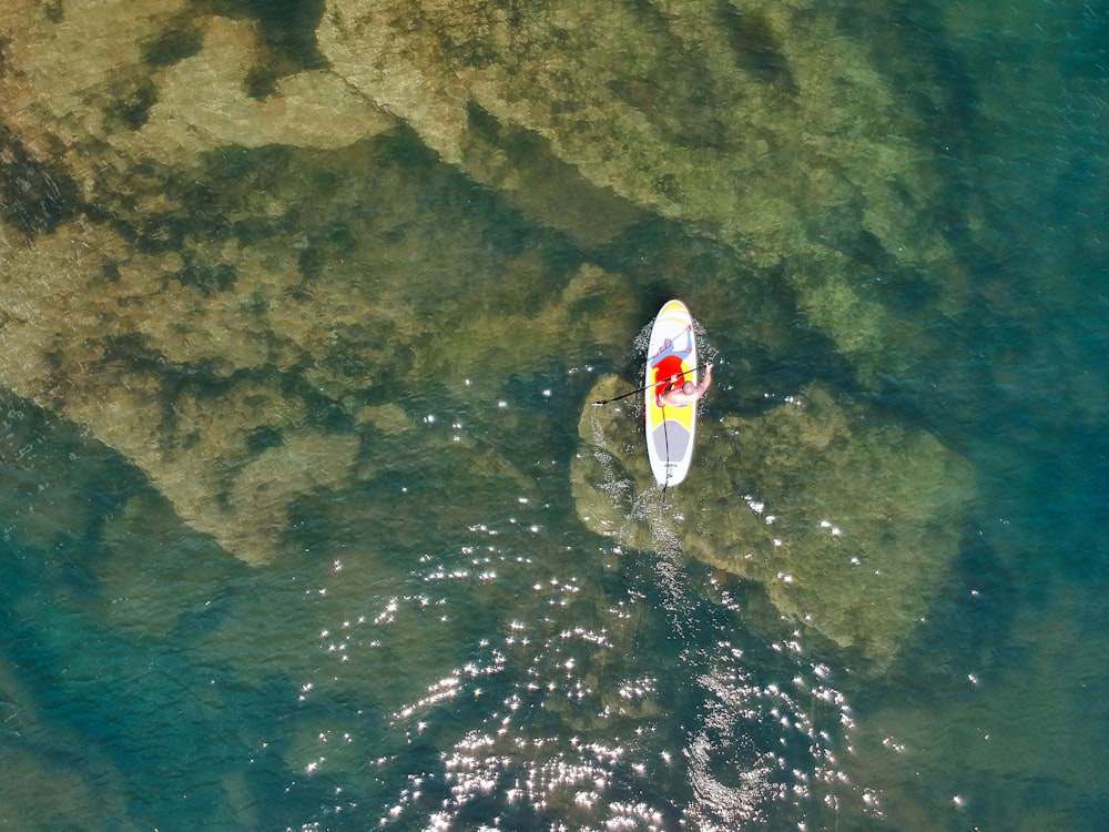 personne conduisant un kayak blanc et rouge sur l’eau pendant la journée