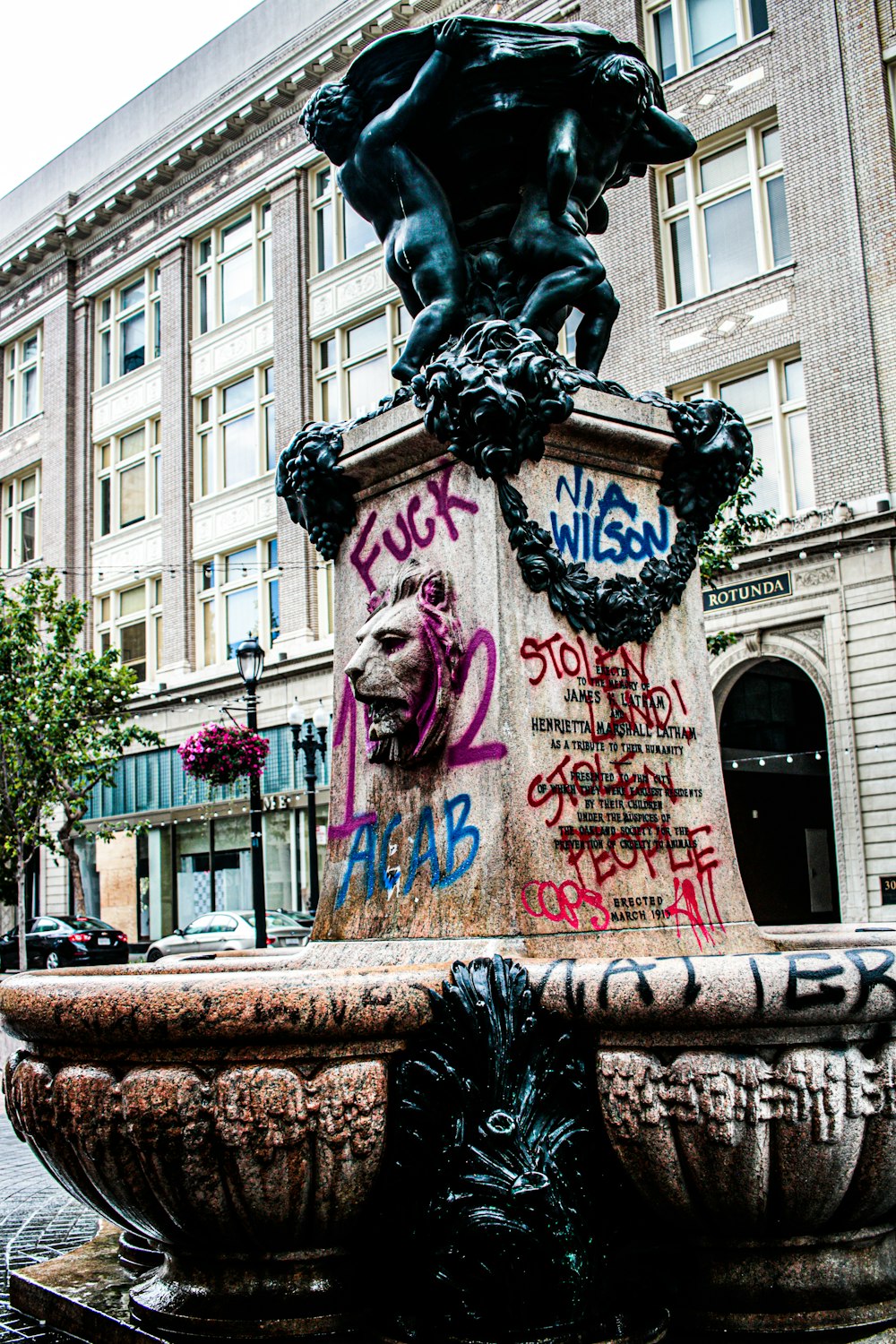 black and pink concrete fountain