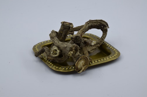 Dried roots are piled on a decorative, gold-colored tray with a dotted border. The roots have a rough, textured appearance, showcasing their intricate natural forms. The background is plain, putting full focus on the earthy elements on the tray.