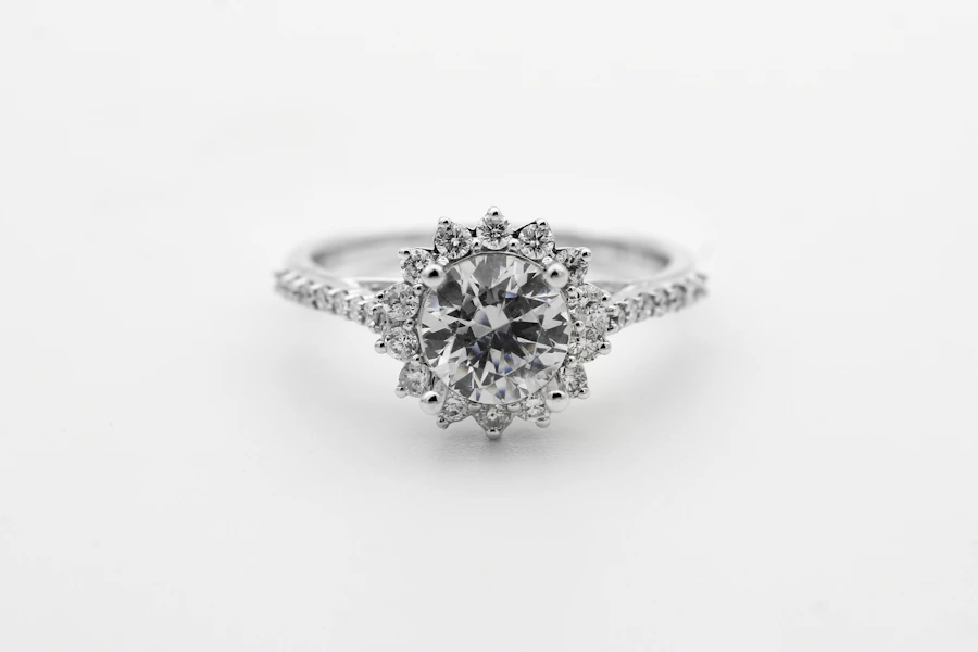 Estelle halo engagement ring with sunburst halo