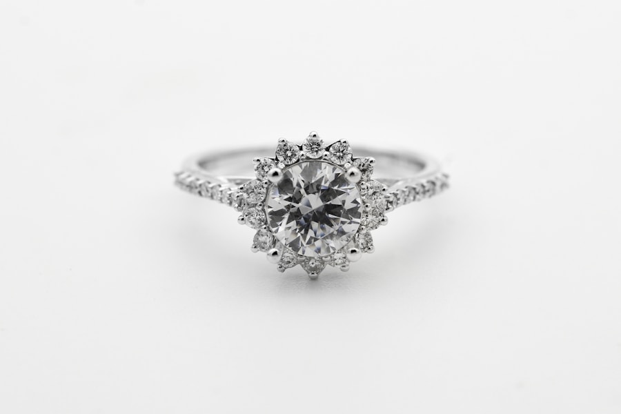 Estelle halo engagement ring with sunburst halo