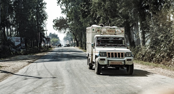 A reliable cargo truck driving through a scenic city street during the day.
