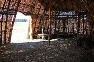Community members building a meditation shelter with natural materials.