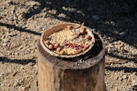 A woven basket sits on a wooden stump filled with various grains and seeds, including corn and small red beans. Surrounding the grains, small round objects resembling acorns are placed. The setting is outdoors on a dry, rocky surface with scattered stones and shadows cast across the ground.