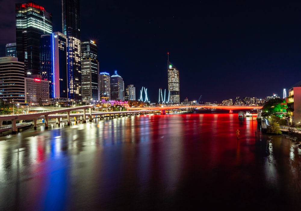 city skyline during night time