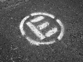 A textured surface with a white spray-painted no parking symbol, featuring a large letter 'P' crossed out within a circle.