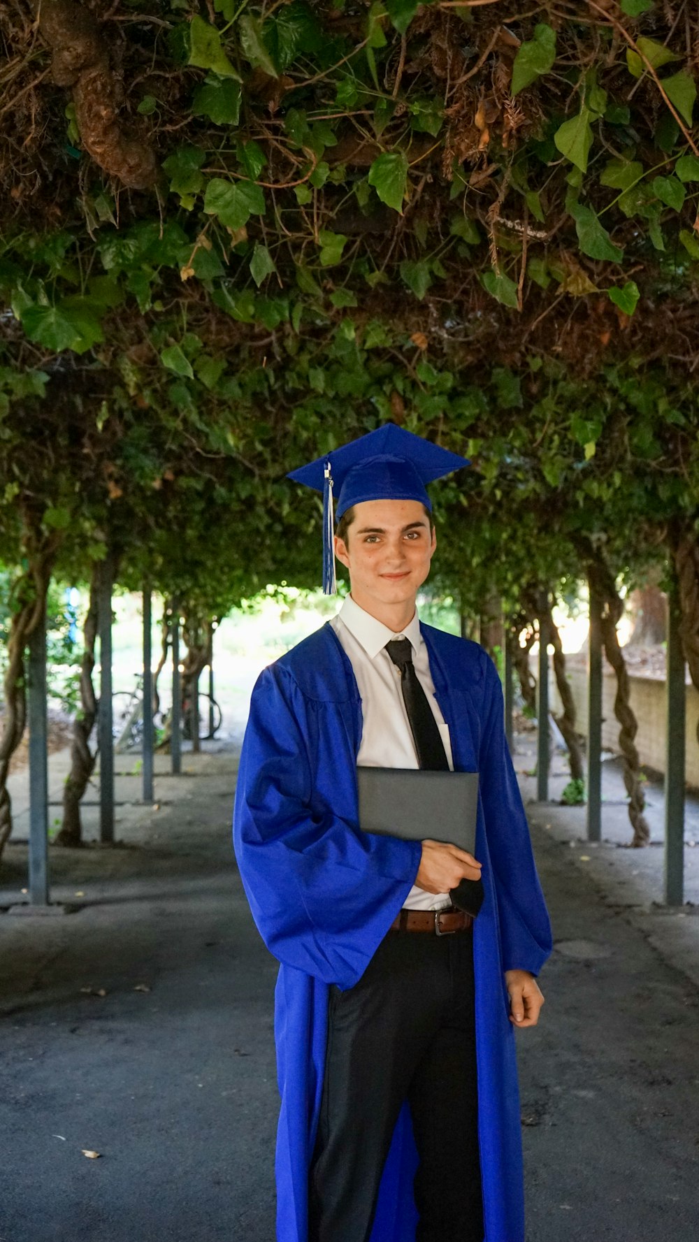 Hombre con vestido académico azul y sombrero académico de pie cerca de un árbol verde durante el día