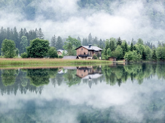 brown wooden house near green grass field and lake in Almsee Austria