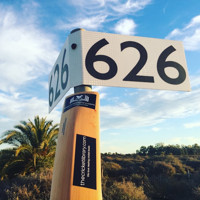 A large cricket bat stands upright with a sign displaying the number 626 affixed to its handle. The bat features a sticker from thecricketlibrary.com, promoting their love for cricket books. In the background, a palm tree and expansive shrubbery stretch under a vibrant blue sky with scattered clouds.