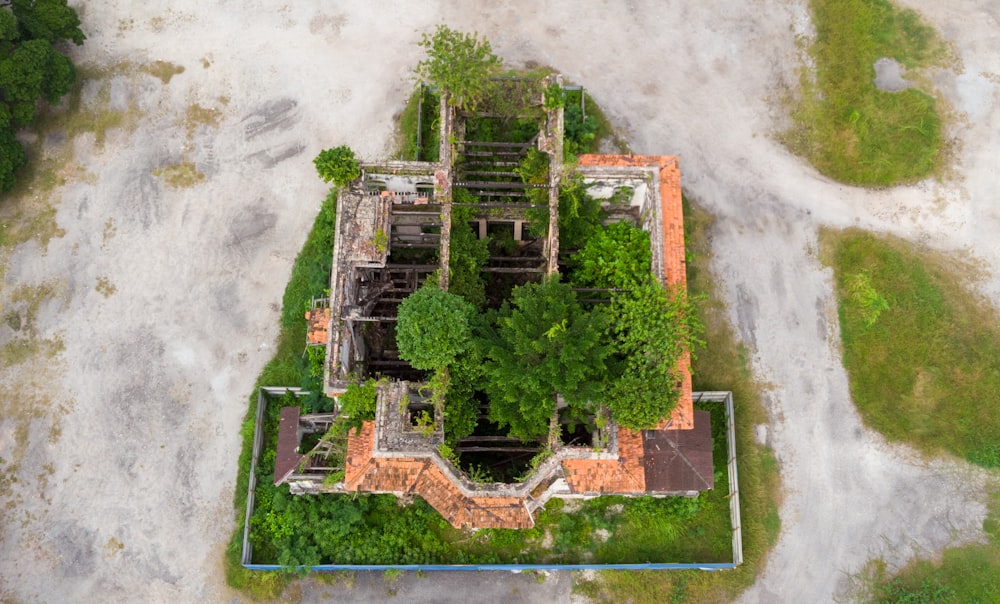 aerial view of green trees and brown houses