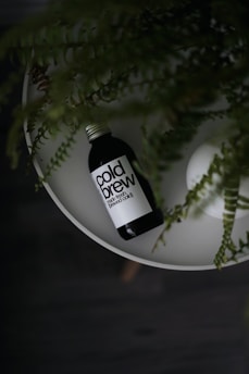 A bottle labeled 'cold brew' is placed on a white circular surface with green leaves draping over it. The setting appears to be minimalist and natural, giving a relaxed vibe.