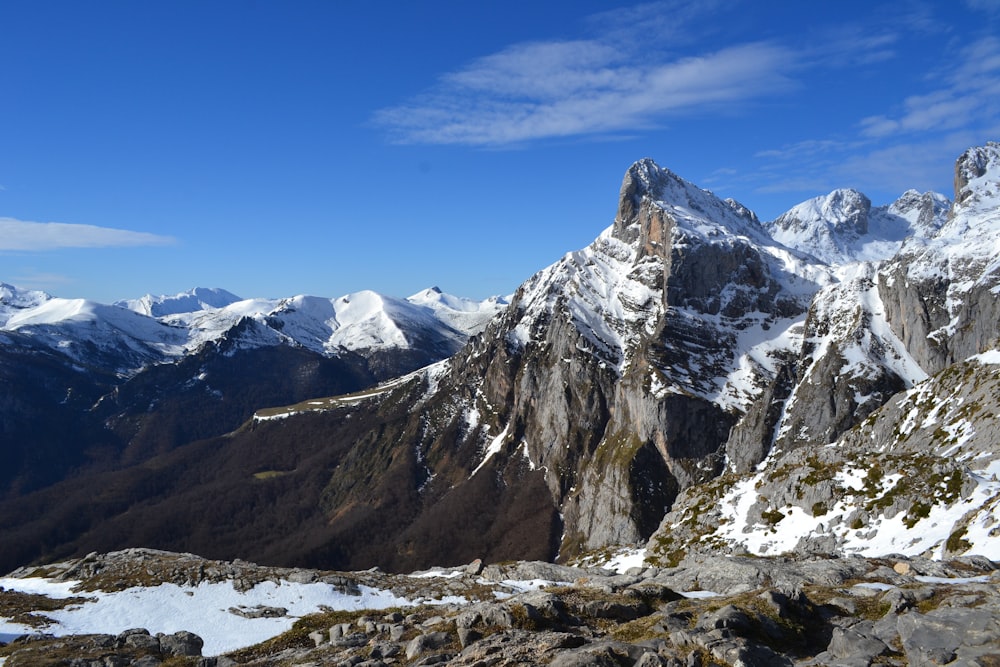 montanha coberta de neve sob o céu azul durante o dia