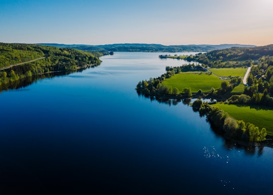 green grass field near lake during daytime in Sundsvall Sweden