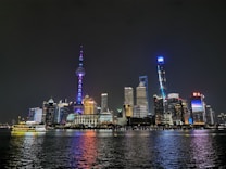 A nighttime cityscape featuring a skyline of illuminated skyscrapers reflecting off a calm body of water. The architecture displays a mix of modern high-rise buildings with vibrant lighting, including a distinctive tower with a spherical design. The scene captures the urban ambiance against a dark sky.