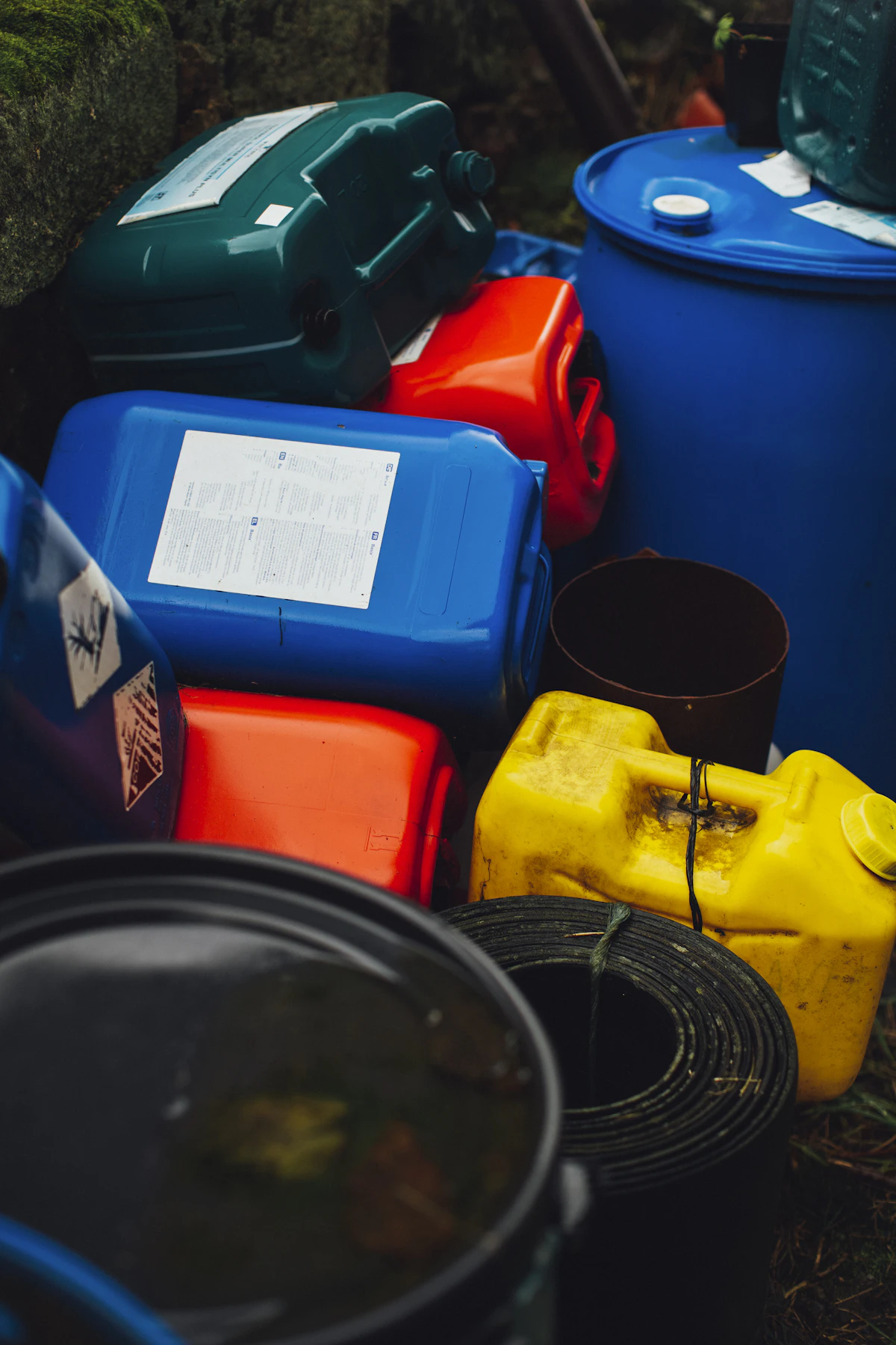 Wadah plastik kuning dan biru untuk limbah industri