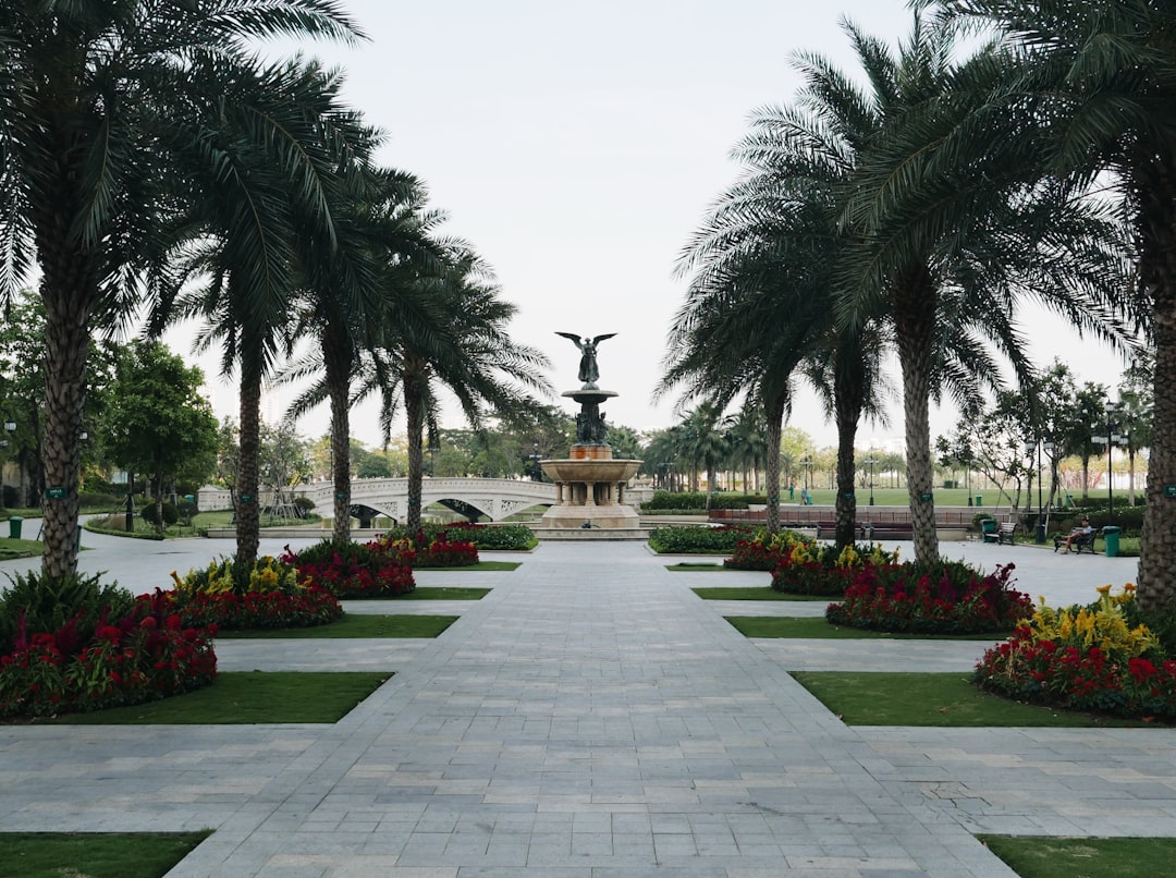 brown and gray concrete cross statue surrounded by green palm trees during daytime