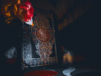 A joyful child coloring a vibrant storybook page with Islamic motifs