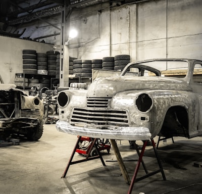 white vintage car in garage