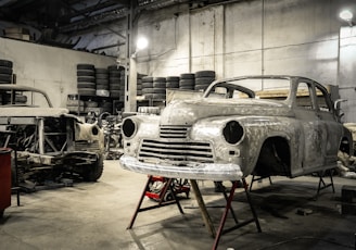 white vintage car in garage