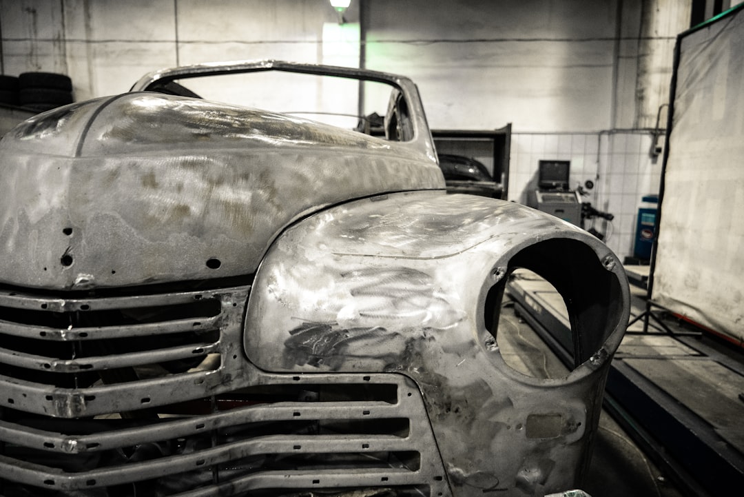 grey vintage car in garage