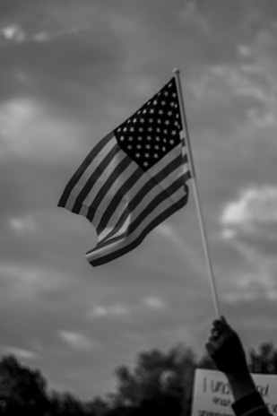 A protester holding a worn American flag with a backdrop of a crowded rally.