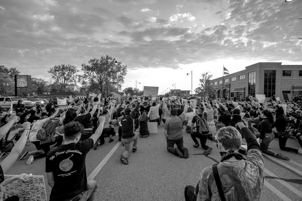 grayscale photo of people on street