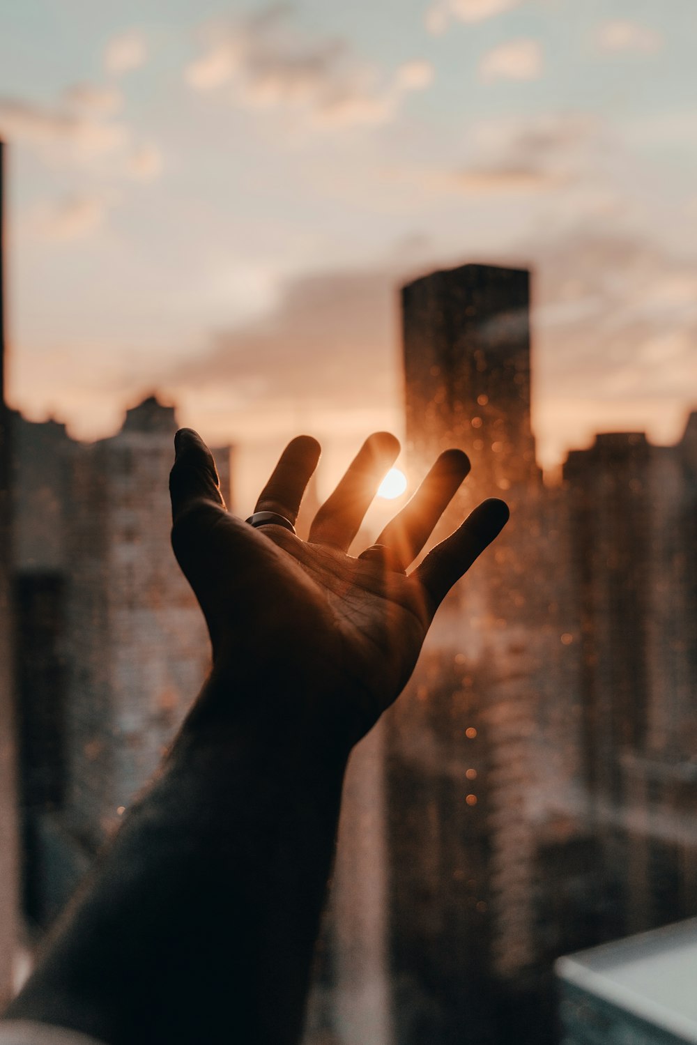 persons hand with city buildings in the distance