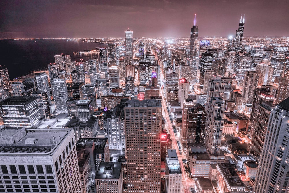 aerial view of city buildings during night time