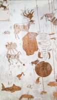 A variety of animal sketches are drawn in earthy tones on a textured surface. Prominent figures include a moose, an elephant, a horse, and a shark. Smaller animals and abstract faces are also sketched throughout, with some shapes resembling a bird and a bat. The arrangement of the sketches appears random, showcasing a blend of wildlife.