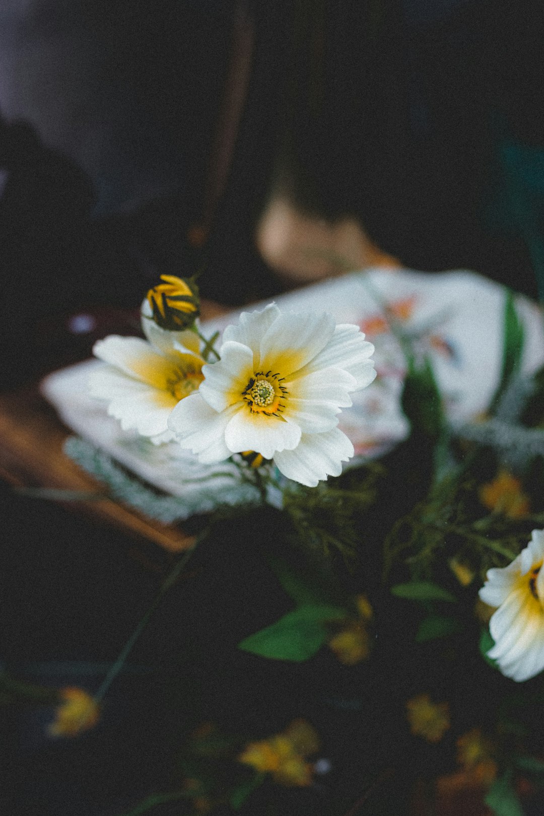 white flower with green leaves