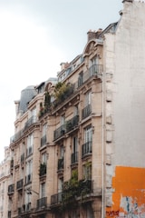A row of elegant, historic buildings with intricate architectural details and iron balconies lined with greenery. The buildings exude a sense of aged charm and artistry, contrasting with the partially painted wall on the right side exhibiting graffiti.