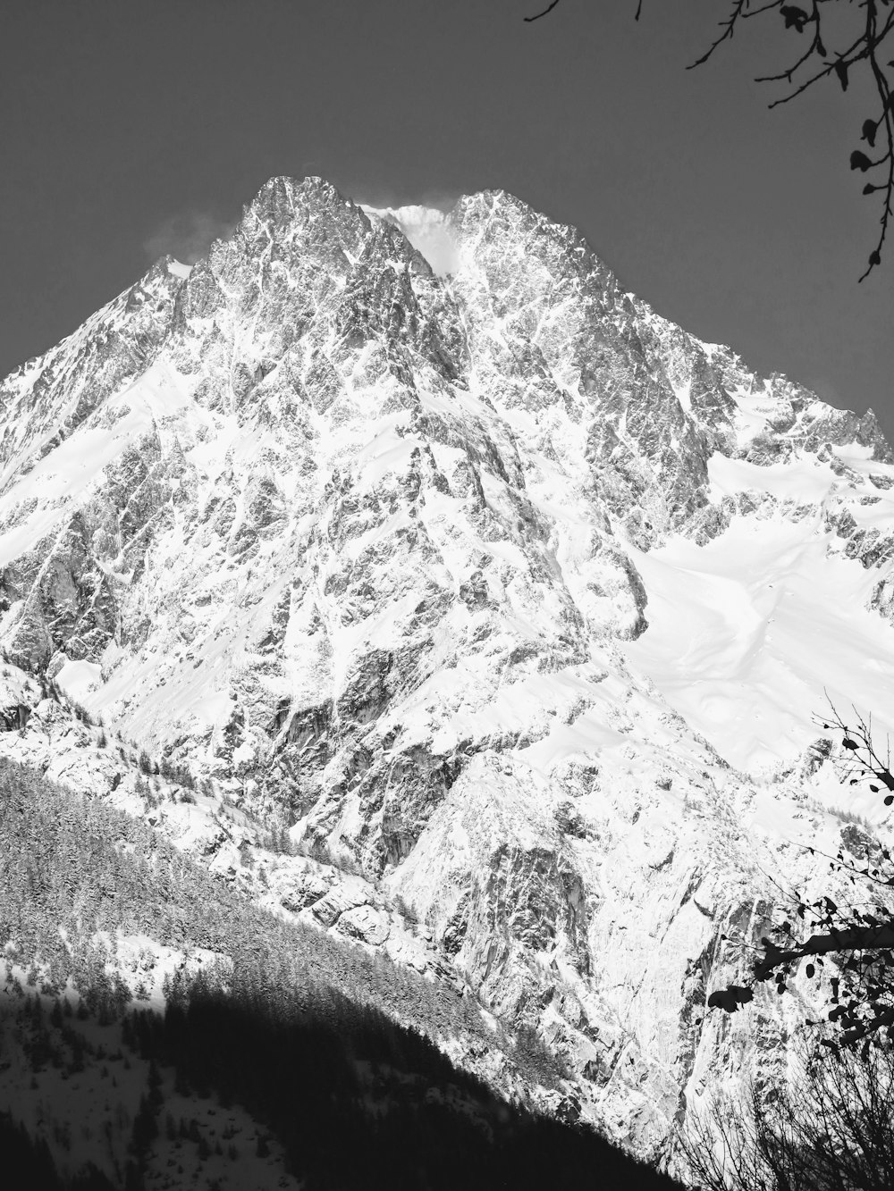 grayscale photo of snow covered mountain