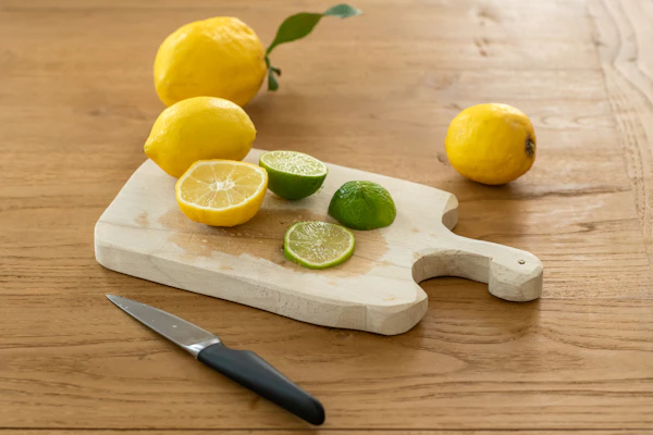 Butcher Block Countertops: Wood butcher-block surface with a knife and lemon