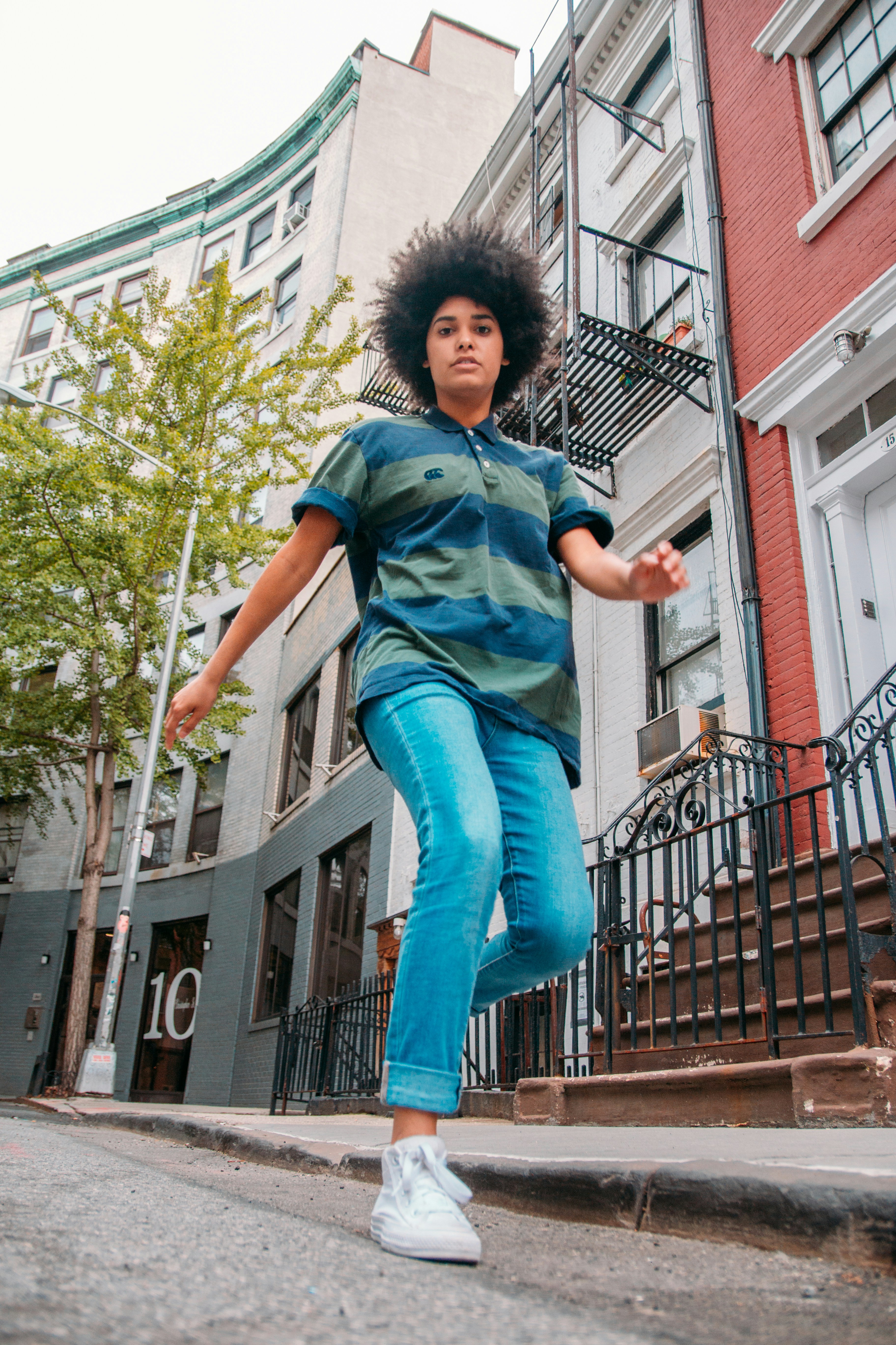 black polo with blue jeans