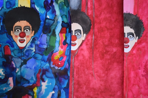 A quirky, minimalistic illustration of a clown and a drummer sharing a whimsical moment on stage, styled with Wes Anderson's signature color palette.