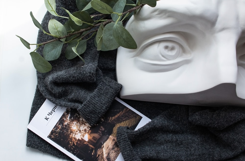 a white mask, a black scarf, and a picture of a man's