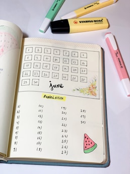 A journal or planner is open to a page showing an illustrated calendar for June, with numbered days in boxes. Below the calendar, there are numbered bullet points for listing tasks or notes. The page includes decorative elements like flowers and a watercolor-style drawing of a watermelon slice. Surrounding the journal are several pastel-colored Stabilo highlighters in mint green, yellow, and pink.